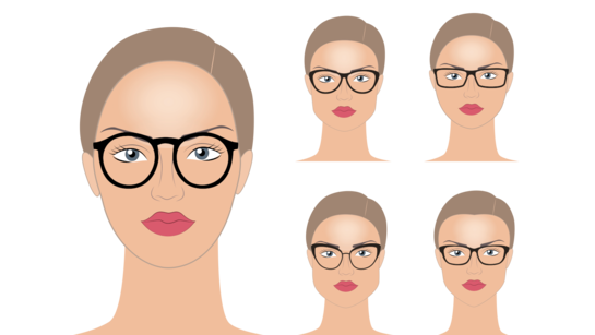 Grafik: Gesichtsformen und Brillen an einer Frau