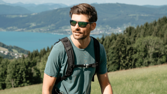 Junger Herr mit Sportbrille beim Wandern