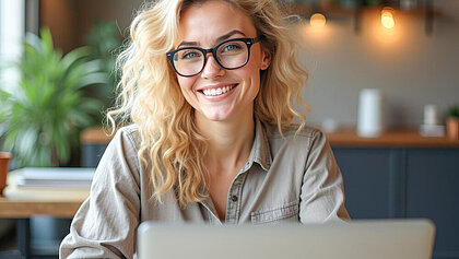 Junge Frau mit Brille sitz vor einem Laptop
