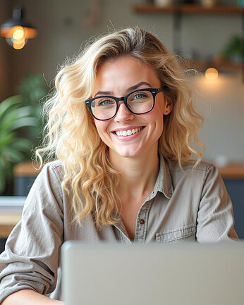 Junge Frau mit Brille vor einem Laptop