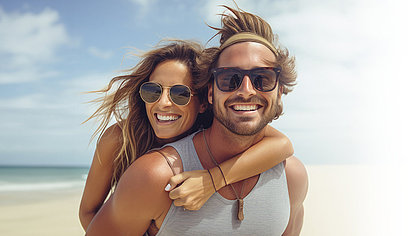 Junge Dame und Herr mit Sonnenbrillen am Strand